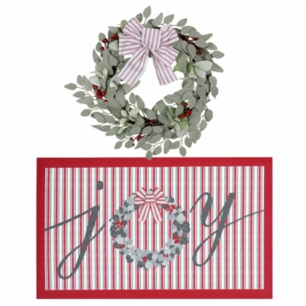 NIB Holiday Home 20in Wreath w Matching 18in x 30in Doormat- Joy Design, 2Pc Set